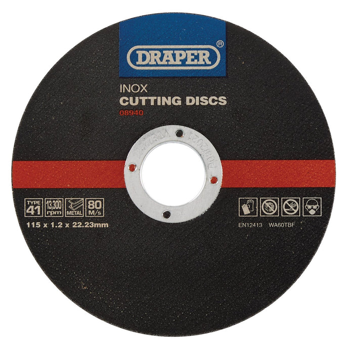 Draper Inox Flat Metal Cutting Discs, 115 x 22.2 x 1.2mm (Pack of 10) 08940 Draper  - Dynamic Drive