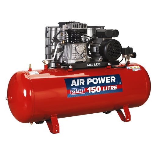 Sealey Air Compressor 150L Belt Drive 3hp with Cast Cylinders SAC1153B Sealey  - Dynamic Drive