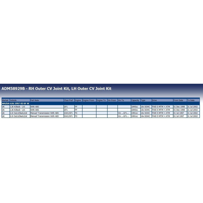 Blue Print ADM58929B Drive Shaft Joint Kit Fits Mazda