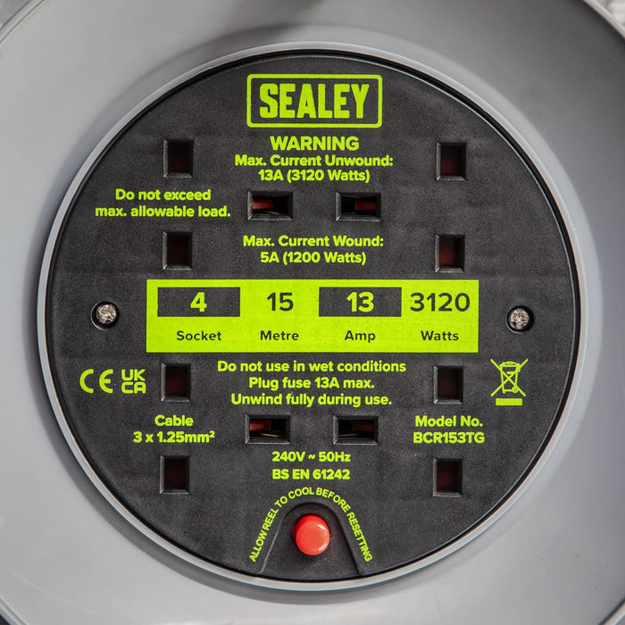 Sealey 15m Cable Reel with Thermal Trip 4 x 230V - Hi-Vis Green BCR153TG Sealey  - Dynamic Drive