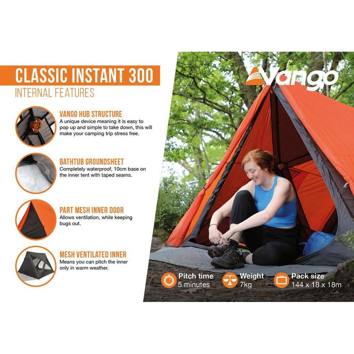 Vango Classic Instant 300 Orange 3 Person Poled Tent Vango  - Dynamic Drive