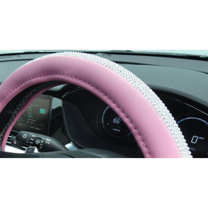 Pink Steering Wheel Cover 38cm PU Leather + Crystal Sparkle Rhinestone for Honda