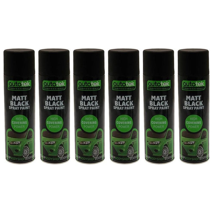 6x AUTOTEK Professional Matt Black 500ml Spray Paint High Coverage