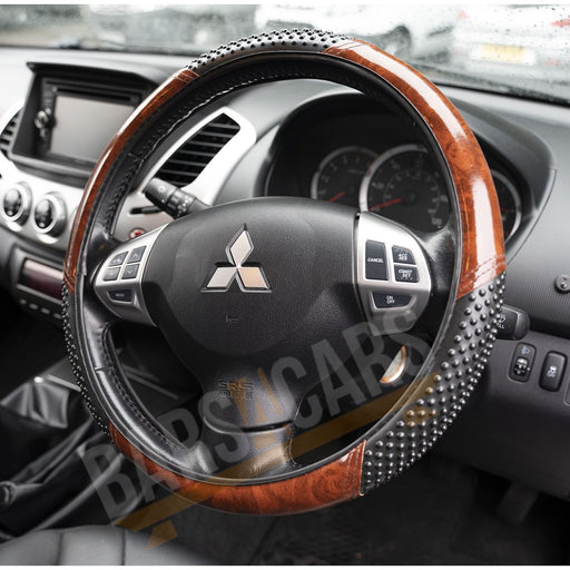 Car Steering Wheel Cover Black & Wood Look Effect fits Mitsubishi Shogun UKB4C  - Dynamic Drive