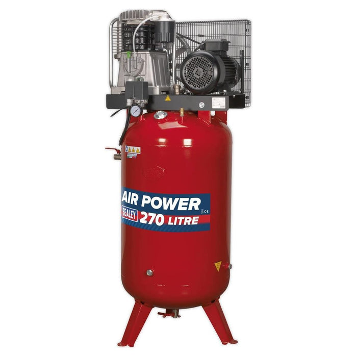 Sealey Air Compressor 270L Vertical Belt Drive 7.5hp 3ph 2-Stage with Cast Cylin