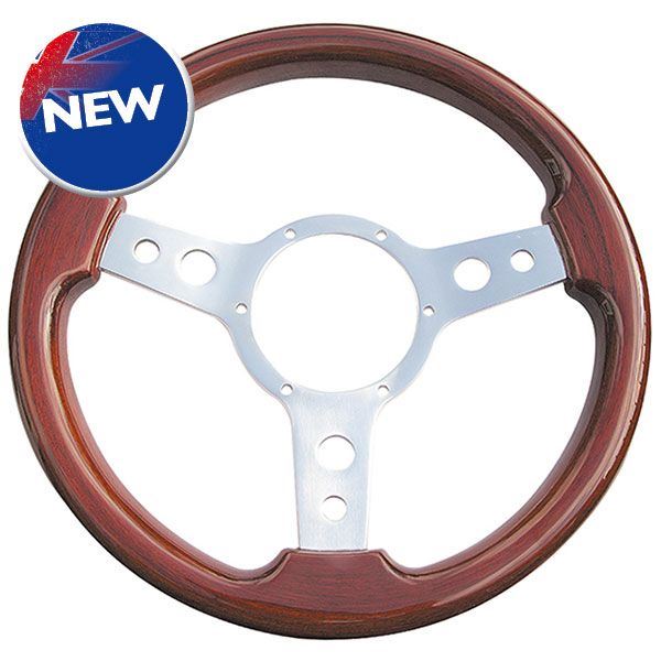 13.5" Traditional 3 spoke Deluxe Woodrim Steering Wheel With Polished Centre Mountney Classic  - Dynamic Drive