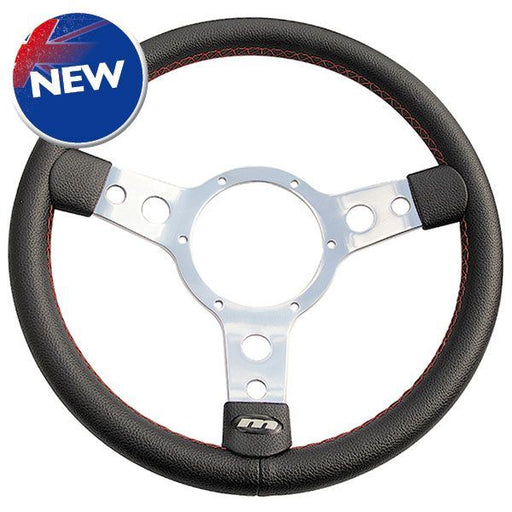 13" 3 spoke Vinyl Steering Wheel w Polished Centre Black red stitching Mountney Classic  - Dynamic Drive