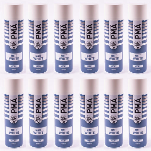 12 x PMA Aerosol Spray Paint Matt White Acrylic High Coverage 500ml PMA  - Dynamic Drive