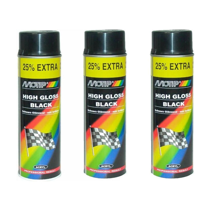 3 x Motip Gloss Black Car Spray Paint Lacquer Metal Wood Plastic Strong 500ml