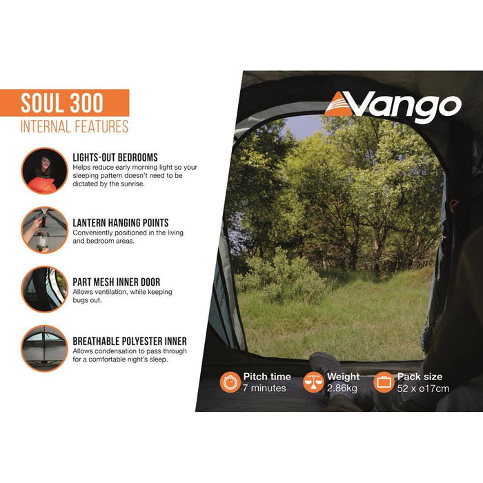 Vango Soul 300 Tent 3 Person Man Waterproof Outdoor Camping Hiking Festival Vango  - Dynamic Drive