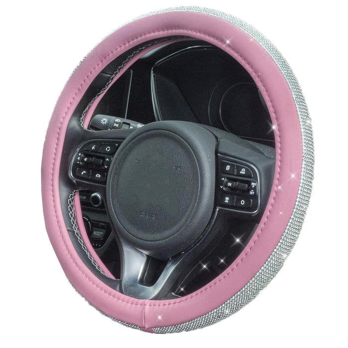 Pink Steering Wheel Cover 38cm PU Leather + Crystal Sparkle Rhinestone for BMW