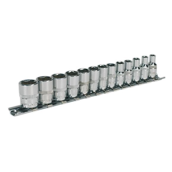 Sealey 13pc 4-14mm 1/4" WallDrive Metric Socket Set Chrome Finish Socket Rail Sealey  - Dynamic Drive