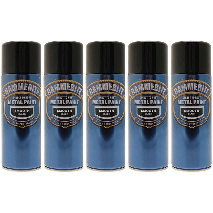 5x Hammerite SMOOTH BLACK Direct to Rust Metal Spray Paint Aerosol 400ml Hammerite  - Dynamic Drive