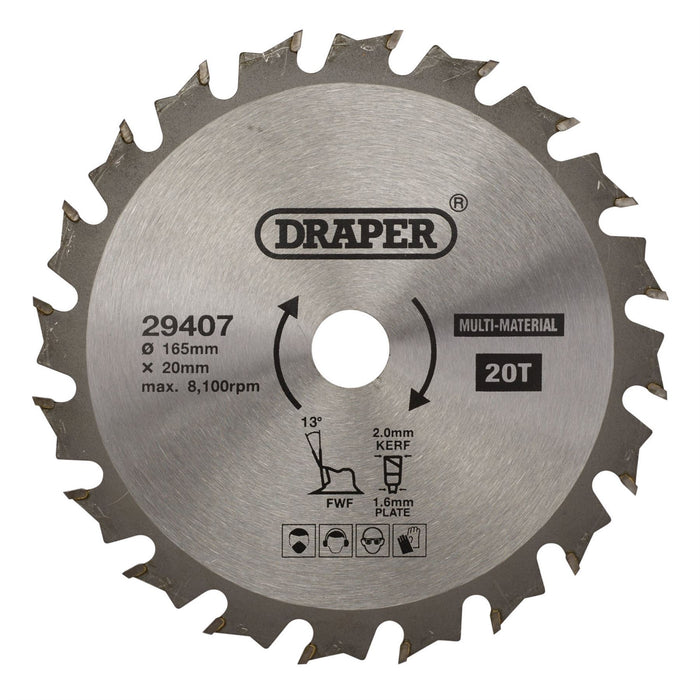 Draper TCT Multi-Purpose Circular Saw Blade, 165 x 20mm, 20T 29407 Draper  - Dynamic Drive