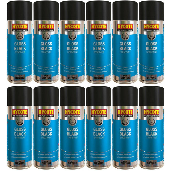 12 X Hycote Aerosol Gloss Black Lacquer Spray Paint Auto Car Multi-Purpose 400Ml Hycote  - Dynamic Drive