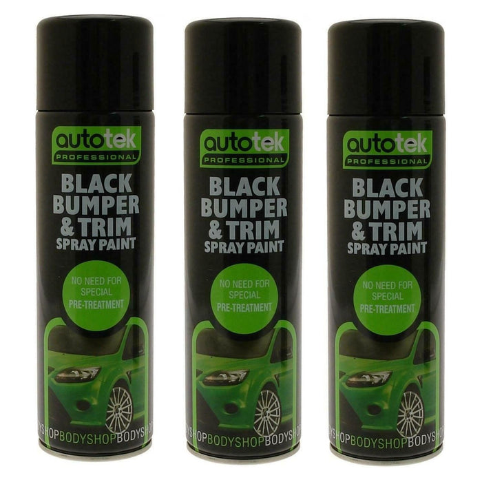 3x AUTOTEK Professional Black Bumper and Trim 500ml Spray Paint High Coverage