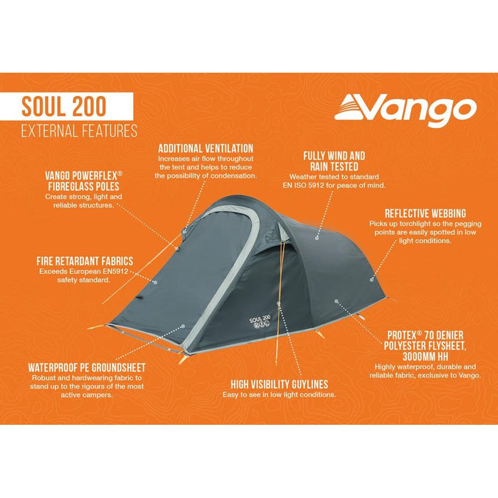 Vango Soul 200 Tent 2 Person Man Waterproof Outdoor Camping Hiking Festival Vango  - Dynamic Drive