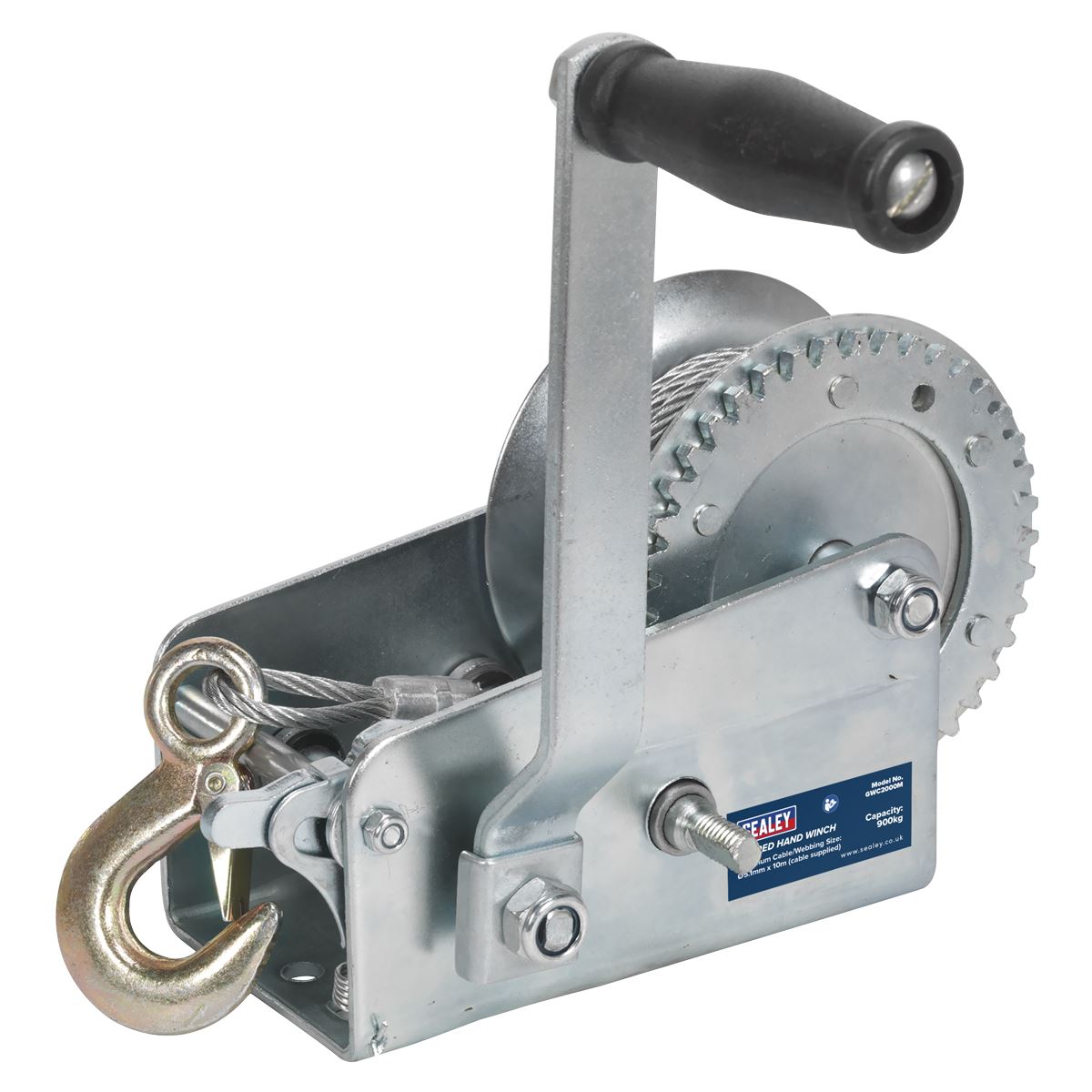 Sealey Geared Hand Winch 900kg Capacity with Cable GWC2000M Sealey  - Dynamic Drive