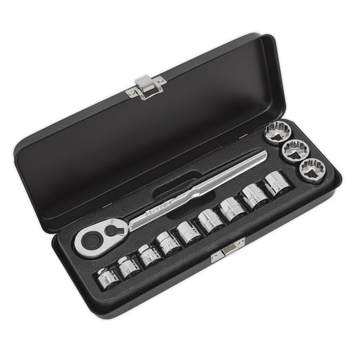 Sealey 13pc 3/8" Drive Low Profile Socket Set 8-19mm Slim Ratchet Handle 8-19mm Sealey  - Dynamic Drive