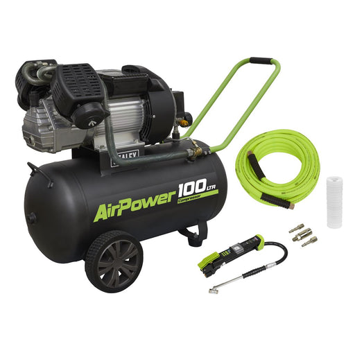 Sealey 100L Direct Drive V-Twin Air Compressor 3hp with Air Accessory Kit Sealey  - Dynamic Drive