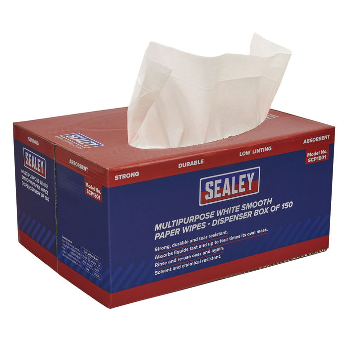 Sealey Multipurpose Paper Wipes in Dispenser Box Smooth White 73gsm 150 Sheets