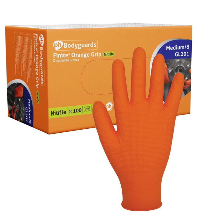 Bodyguard Finite Orange Grip Textured Grip Pattern Nitrile Gloves Small Box 90 Bodyguard  - Dynamic Drive