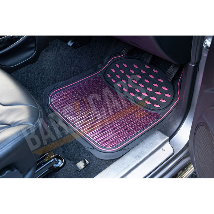 Shiney Pink Metallic Checker Style Car Heavy Duty Black Rubber Set of 4 Mats Set