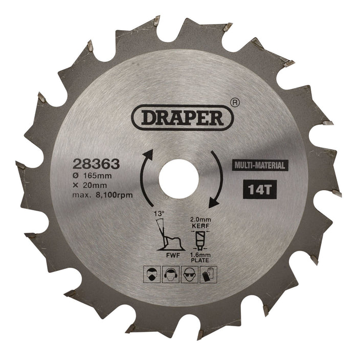 Draper TCT Multi-Purpose Circular Saw Blade, 165 x 20mm, 14T 28363 Draper  - Dynamic Drive