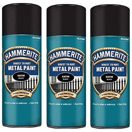 3X 400ml  Hammerite SATIN BLACK Direct to Rust Metal Spray Paint Aerosol 400ml