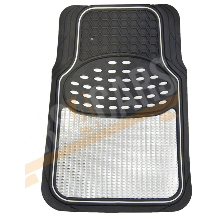 Shiney Silver Metallic Checker Style Car Heavy Duty Black Rubber Set of 4 Mats Set