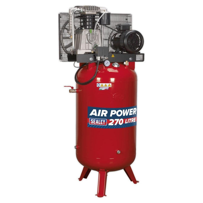 Sealey Air Compressor 270L Vertical Belt Drive 7.5hp 3ph 2-Stage with Cast Cylin