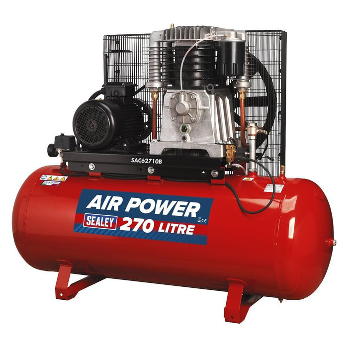 Sealey Air Compressor 270L Belt Drive 10hp 3ph 2-Stage with Cast Cylinders