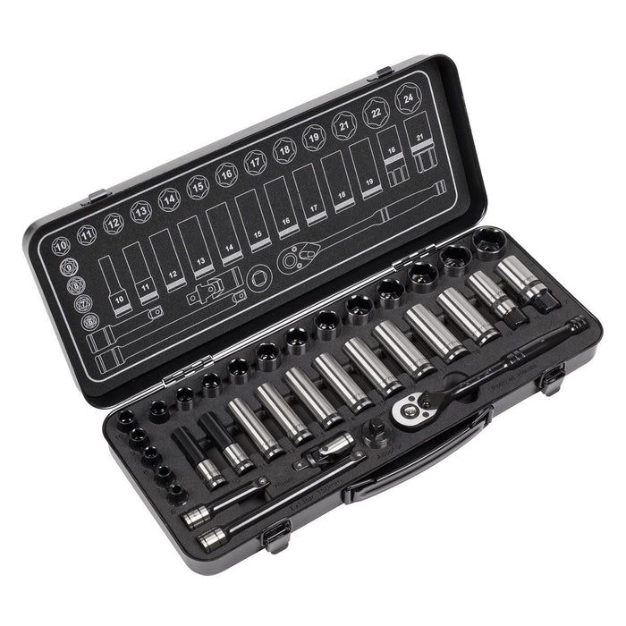 Sealey Socket Set 34pc 3/8"Sq Drive WallDrive Metric Black Series AK7971