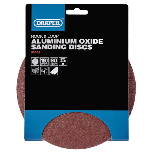 Draper Hook and Loop Aluminium Oxide Sanding Discs, 180mm, 60 Grit (Pack of 5) Draper  - Dynamic Drive