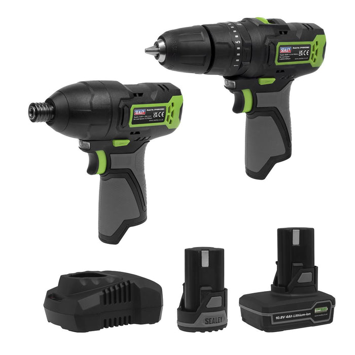 2 x SV10.8 Series Cordless Combi Drill & Impact Driver Kit 10.8V - 2 Batteries Sealey  - Dynamic Drive