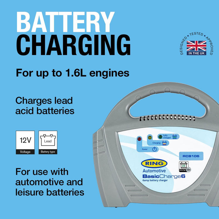 Ring Automotive - RCB106 6A Battery Charger, 12V Lead Acid Batteries,Grey, Vehic