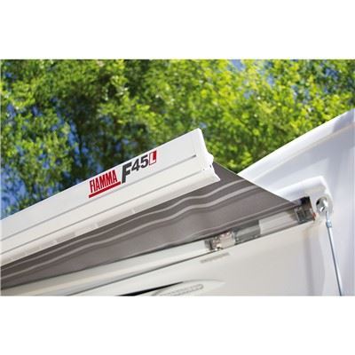 Fiamma F45L Winch Awning 4.5M Polar White Case Royal Blue Fabric Motorhome