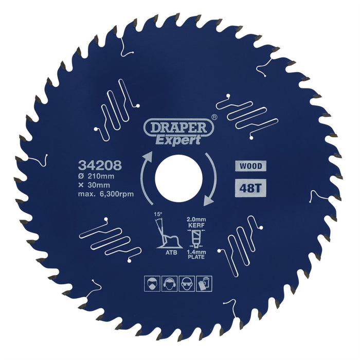 Draper Expert TCT Circular Saw Blade for Wood with PTFE Coating, 210 x 30mm, 48T Draper  - Dynamic Drive