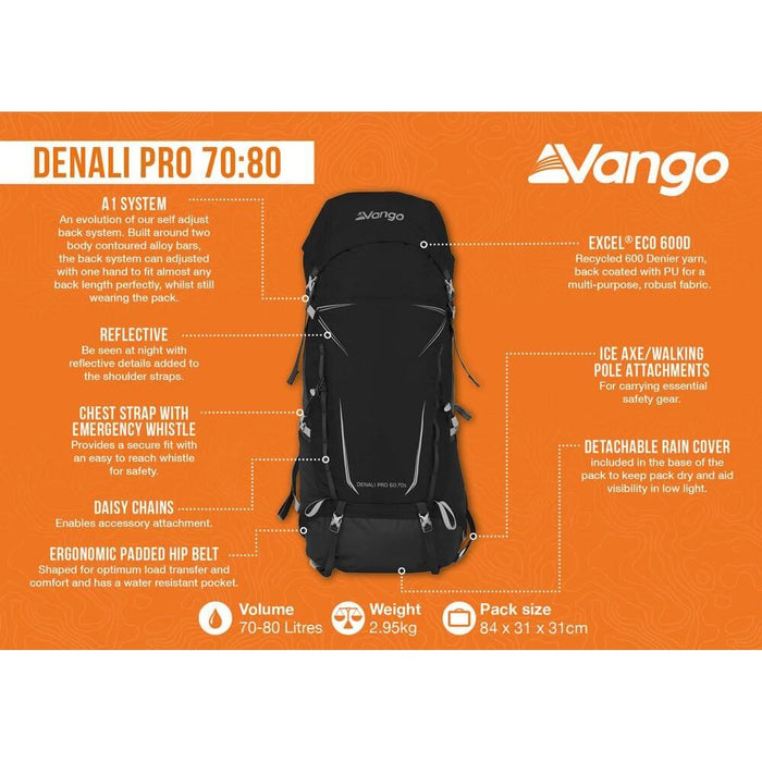 Vango Denali Pro 70:80 70:80 Black Rucksack Backpack Vango  - Dynamic Drive