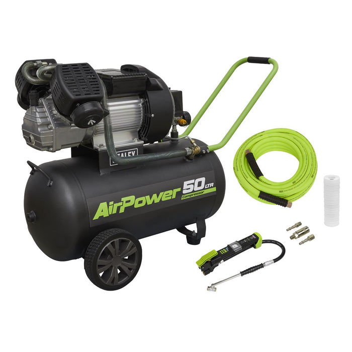 Sealey 50L V-Twin Direct Drive Air Compressor 3hp with Air Accessory Kit Sealey  - Dynamic Drive