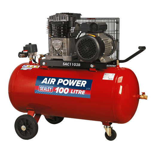 Sealey Air Compressor 100L Belt Drive 3hp with Cast Cylinders & Wheels SAC1103B Sealey  - Dynamic Drive