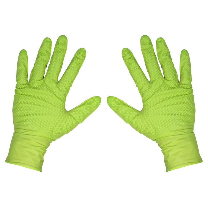 Diamond Grip Extra-Thick Nitrile Powder-Free Gloves Hi-Vis Green XL Pack of 50 Sealey  - Dynamic Drive