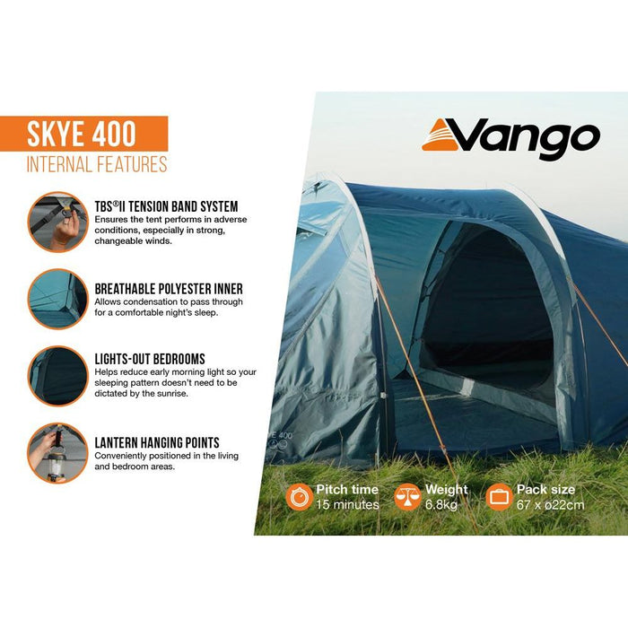 Vango Skye 400 Tent 4 Man Trekking Backpacking Tunnel Tent Vango  - Dynamic Drive