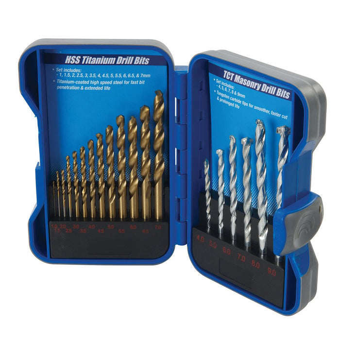 Silverline Titanium-Coated HSS & Masonry Drill Bit Set 19pce 1 - 9mm Silverline  - Dynamic Drive