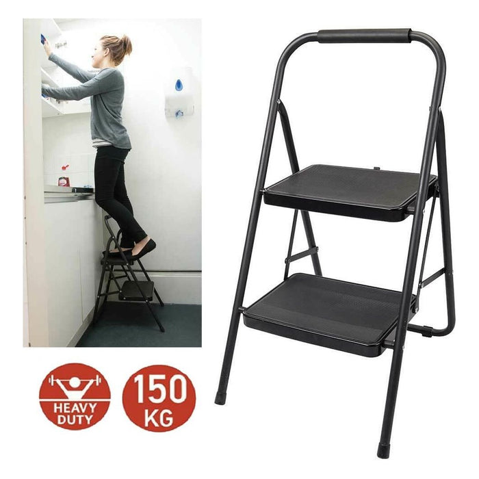 Foldable 2 Step Ladder Non Slip Tread Safety Steel Small Stool Ladders Kitchen