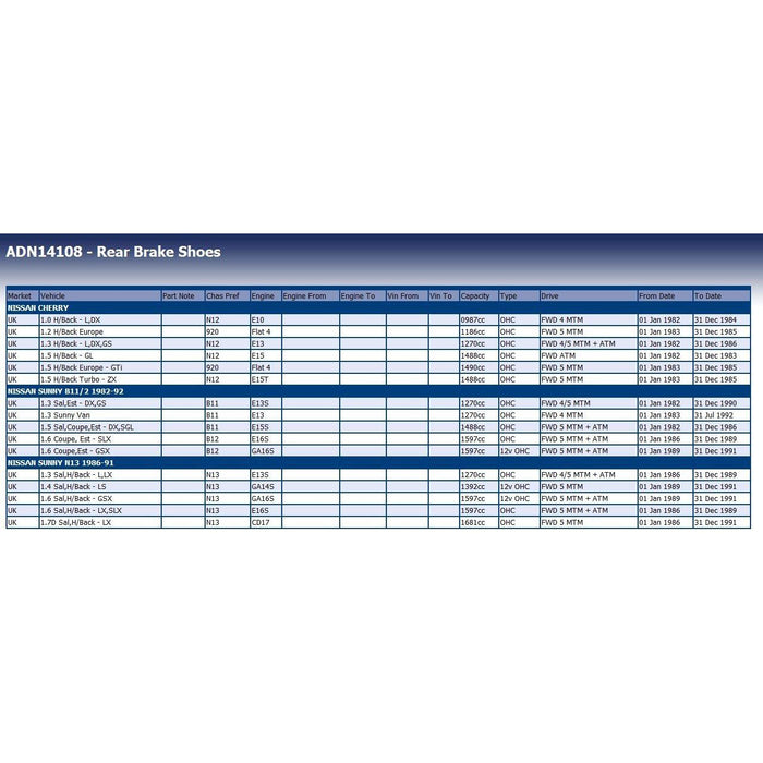 Genuine Blue Print Brake Shoes (Rear) (Non-R90) fits Nissan 4406001A25 Blue Print  - Dynamic Drive