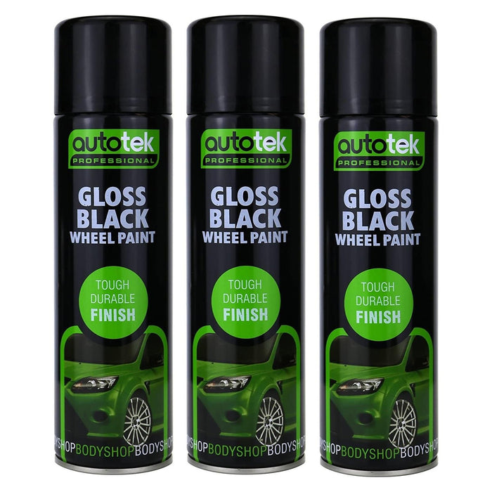 3x AUTOTEK GLOSS BLACK Wheel Paint 500ml Spray Paint High Coverage