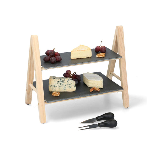 2 Layer Decorative Wooden Slate Starters Stand Food Cheese Afternoon Tea Cakes Alpina  - Dynamic Drive