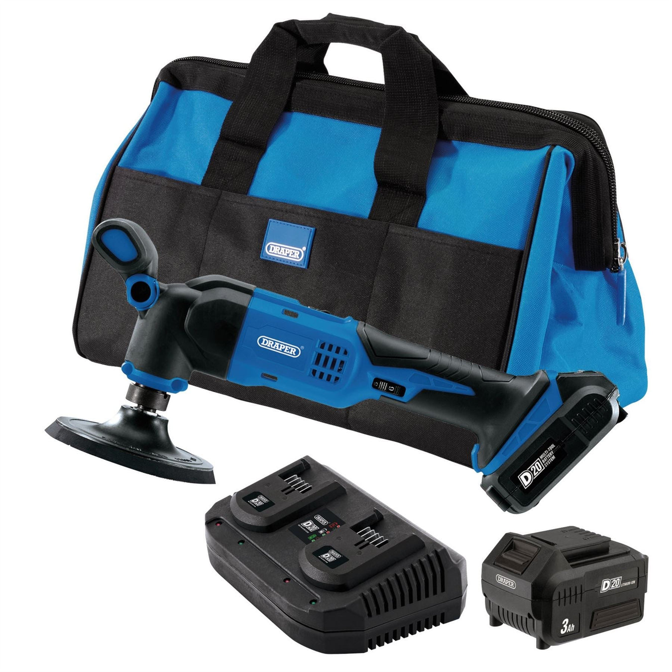 Draper D20 20V Dual Action Polisher Kit, 125mm, 2 x 3.0Ah Batteries, 1 x Fast Ch Draper  - Dynamic Drive