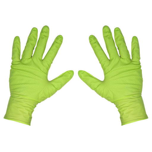 Diamond Grip Extra-Thick Nitrile Powder-Free Gloves Hi-Vis Green Large Pack  50 Sealey  - Dynamic Drive